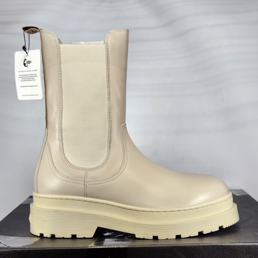 Scotch & Soda Aubri Chelsea Boots Women Size 41 Cream Leather Lug Sole Platform